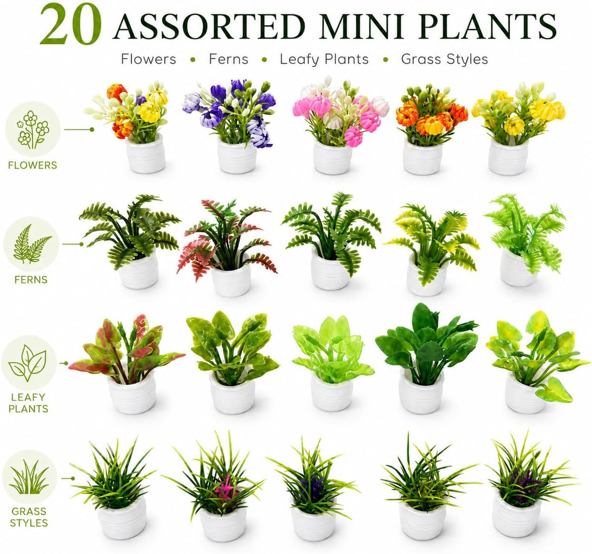 20 Pcs Mini Potted Plants 1:12 Scale Miniature Greenery and Flowers