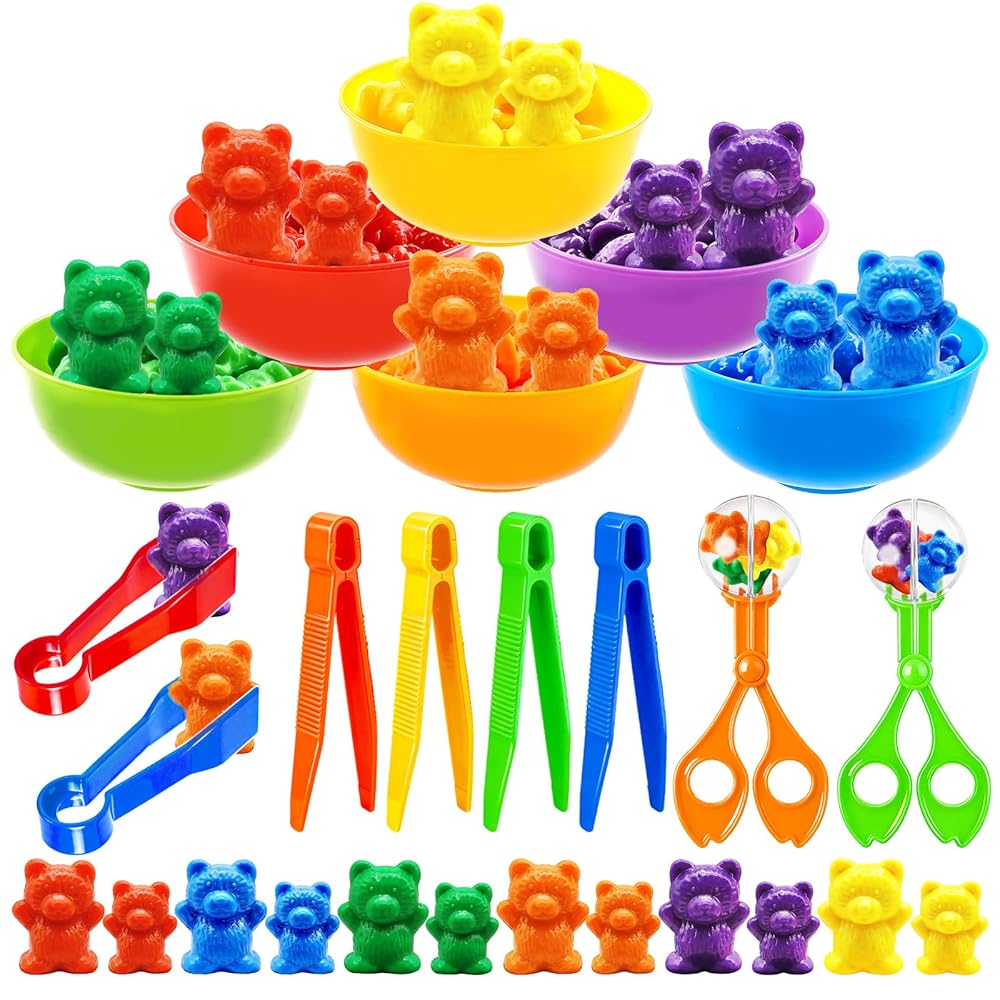 Rainbow Counting Bears, 105 Pcs Sorting Bears with Matching Cups | Color Sorting Bear Counters Fine Motor Skills Sensory Bin Tools Light Table Manipulatives for Sorting Counting Training